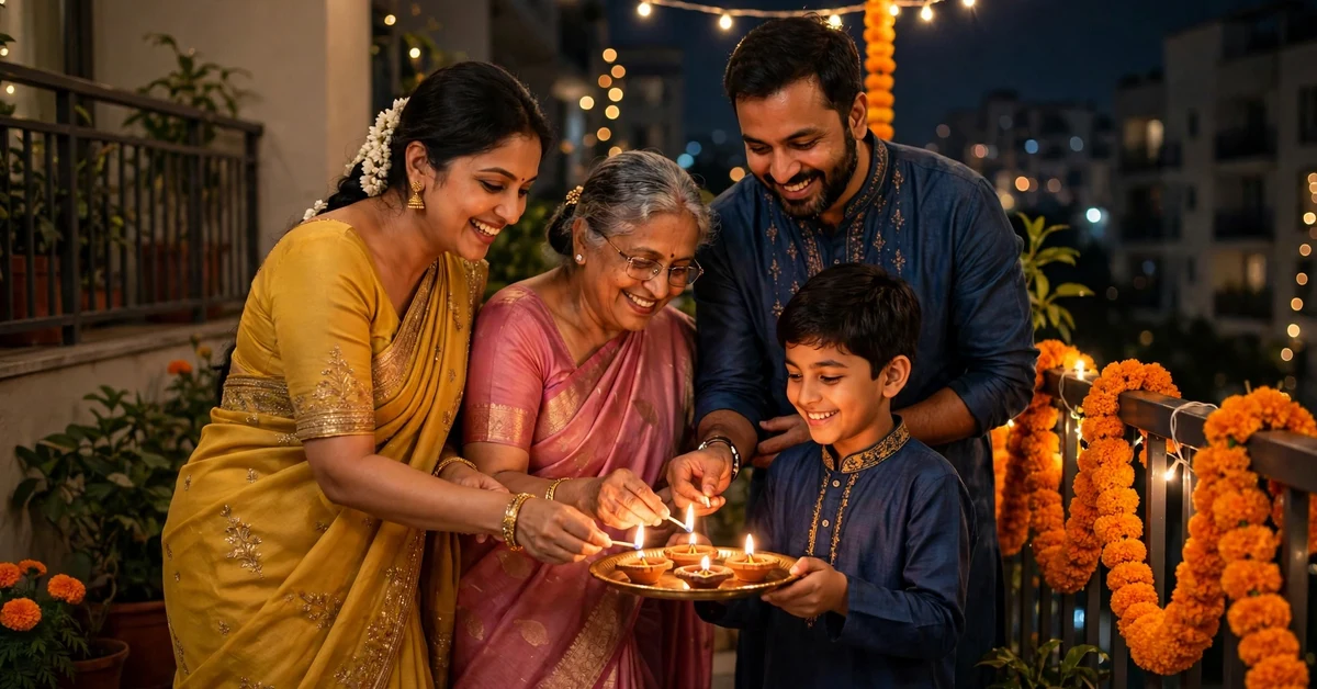 Family in traditional outfits lighting diyas together on a balcony decorated with fairy lights and marigolds at night