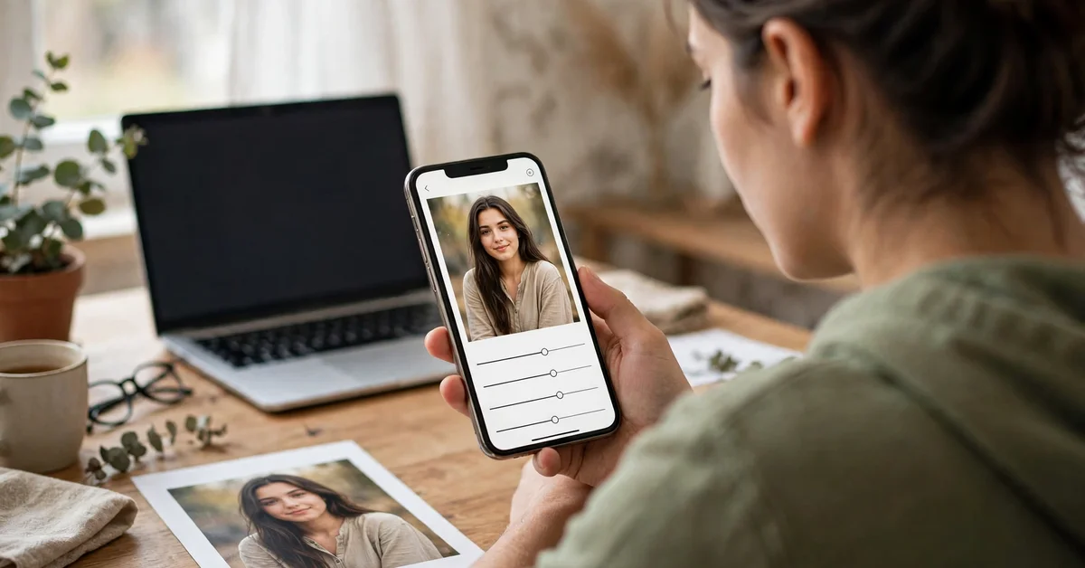 Person editing a portrait photo in a smartphone app at a desk with a laptop and printed photo beside the phone