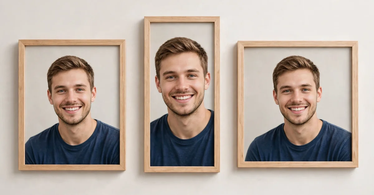 The same portrait shown in square, vertical and horizontal frames to compare photo aspect ratios