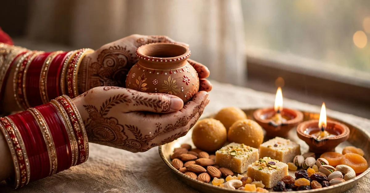 Close-up of henna-decorated hands holding a karva pot beside a sargi thali and lit diyas in soft morning light