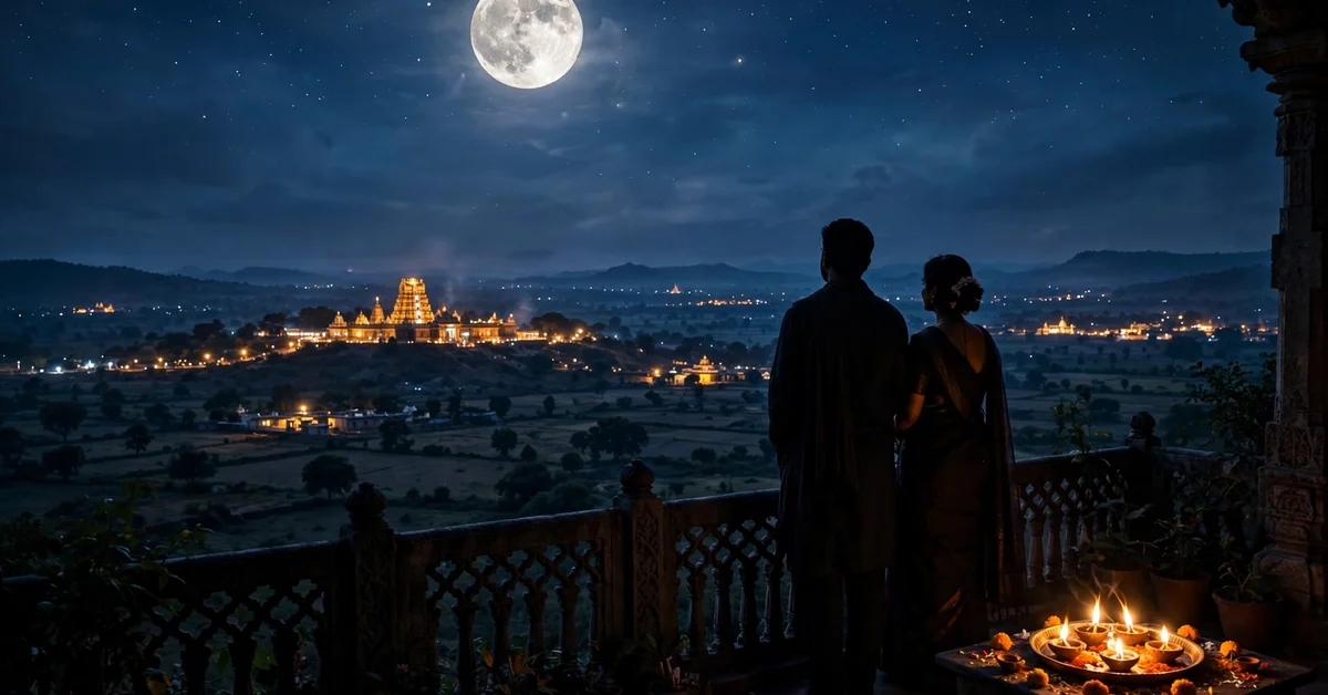 Couple silhouetted on a balcony at moonrise with temple lights in the distance and a pooja thali nearby