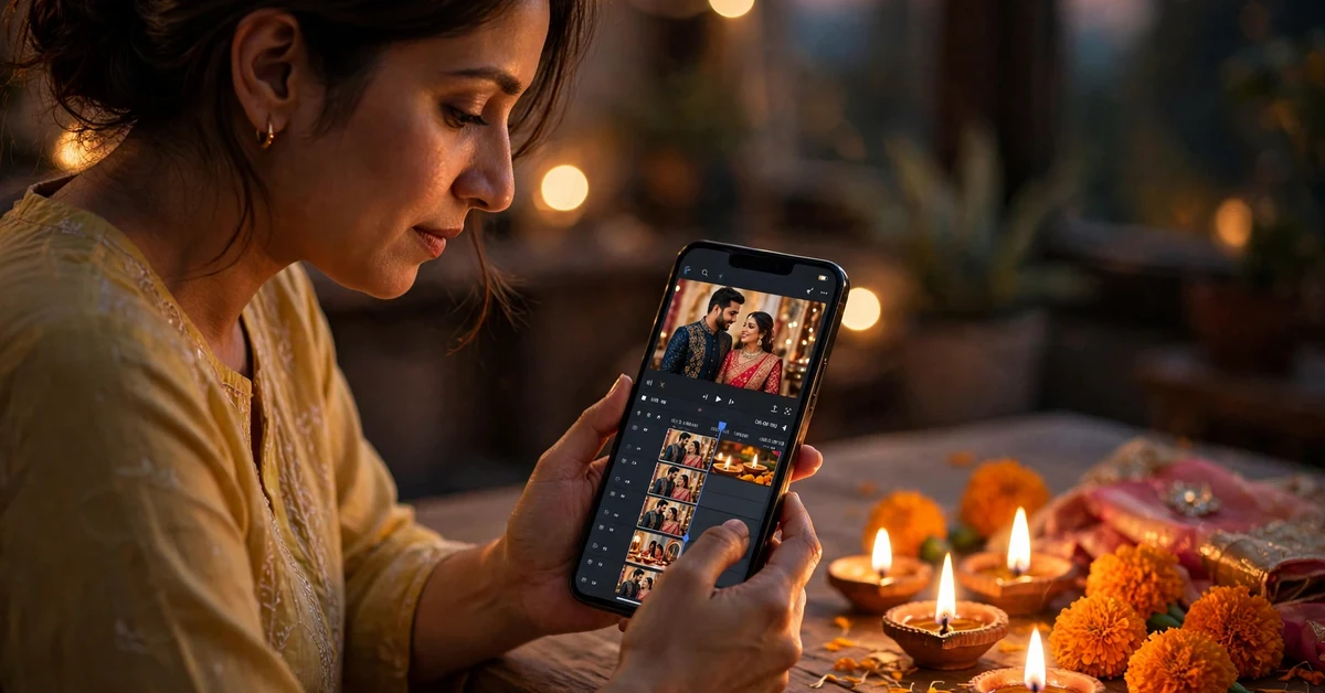 Person editing a Karwa Chauth celebration reel on a smartphone with couple clips on the timeline and diyas and marigolds nearby