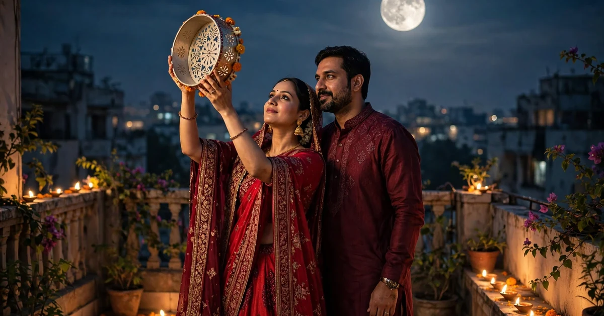 Couple in red and maroon traditional outfits on a terrace at moonrise with the wife holding a decorated sieve towards the full moon and lit diyas around them