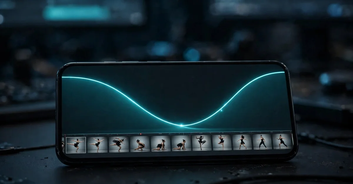 Smartphone with a speed curve graph over a video timeline of dancer frames in a VN editing project